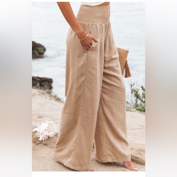 *Last One* Hot Pink Wide Leg Palazzo Linen Pants Smocked Slimming Waist - Picture 2 of 8